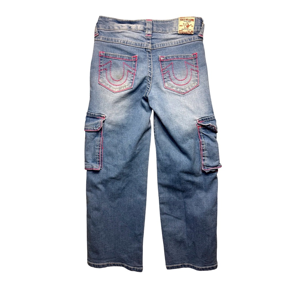True Religion Girls Cargo Jeans Light Wash Pink Contrast Stitch Size 8 Y2K Baggy